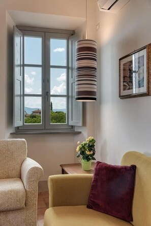 Flat-screen TV, fireplace