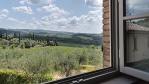 Une vue depuis une fenêtre donnant sur un vignoble, avec des collines ondoyantes et un ciel dégagé.
