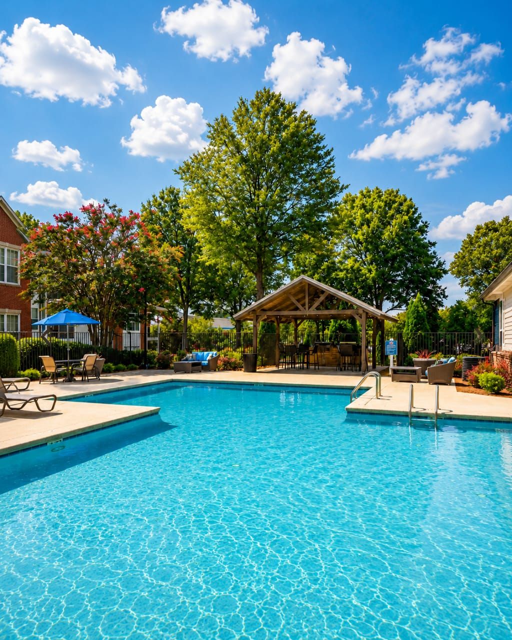 A clear blue swimming pool with lounge chairs and a covered seating area.