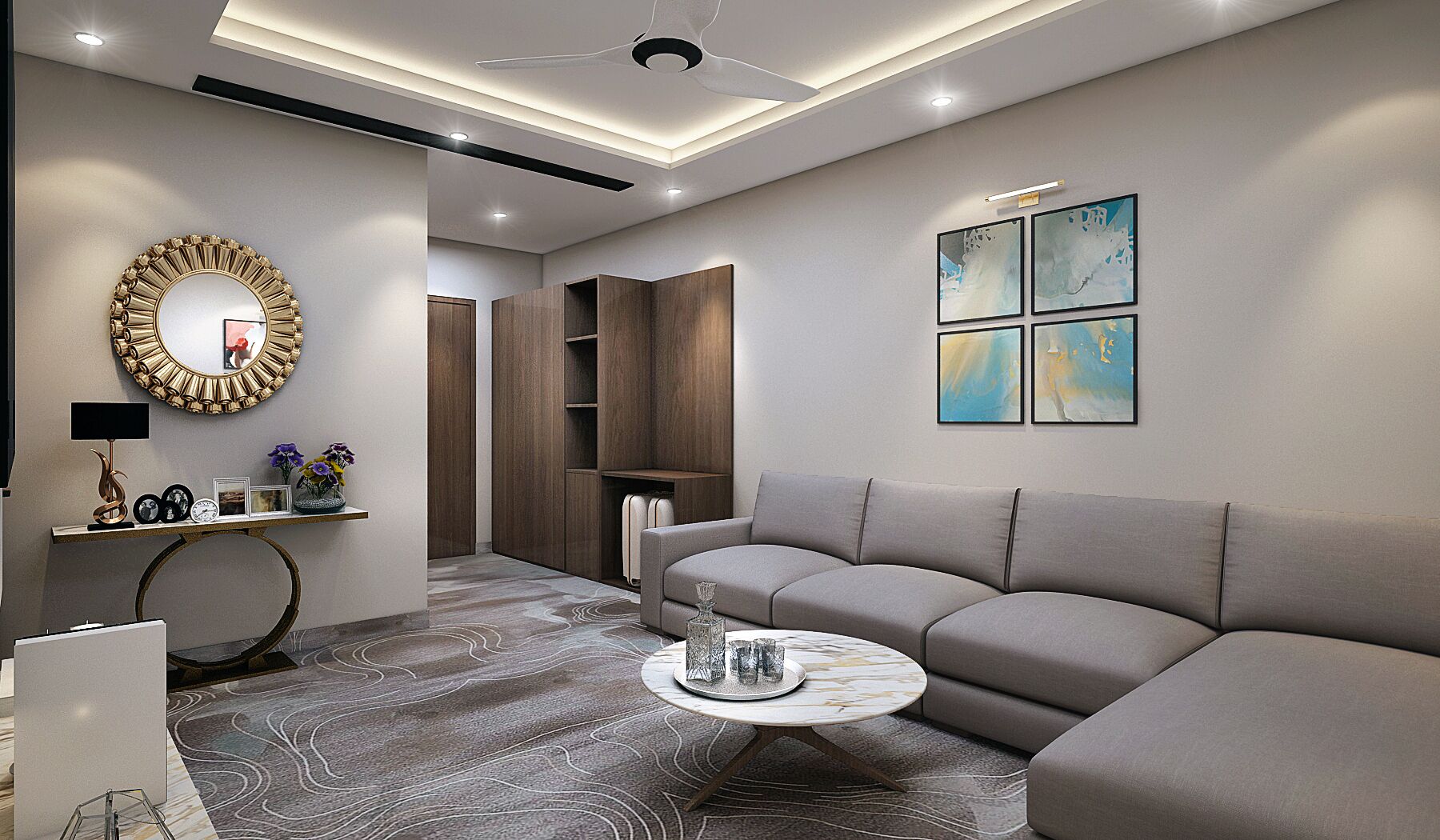 Una sala de estar moderna con un sofá gris, una mesa redonda y un espejo decorativo.