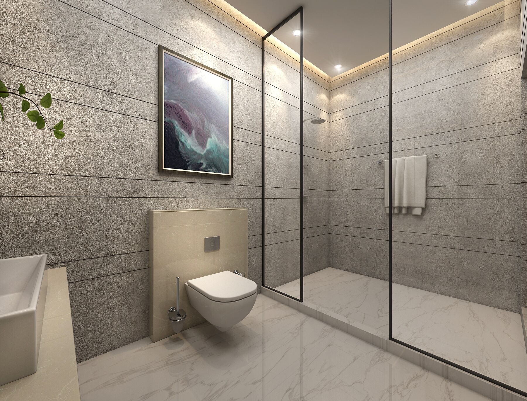 A modern bathroom with a glass-enclosed shower, a toilet, and a sink.