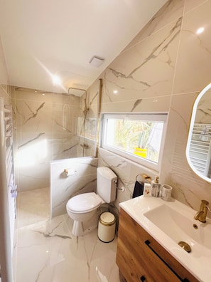 Shower, hair dryer, towels, soap