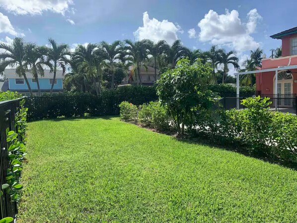 A well-maintained grassy yard with palm trees and a house in the background.