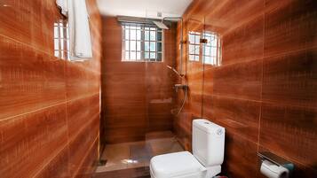 A bathroom with a toilet, a shower, and a window.