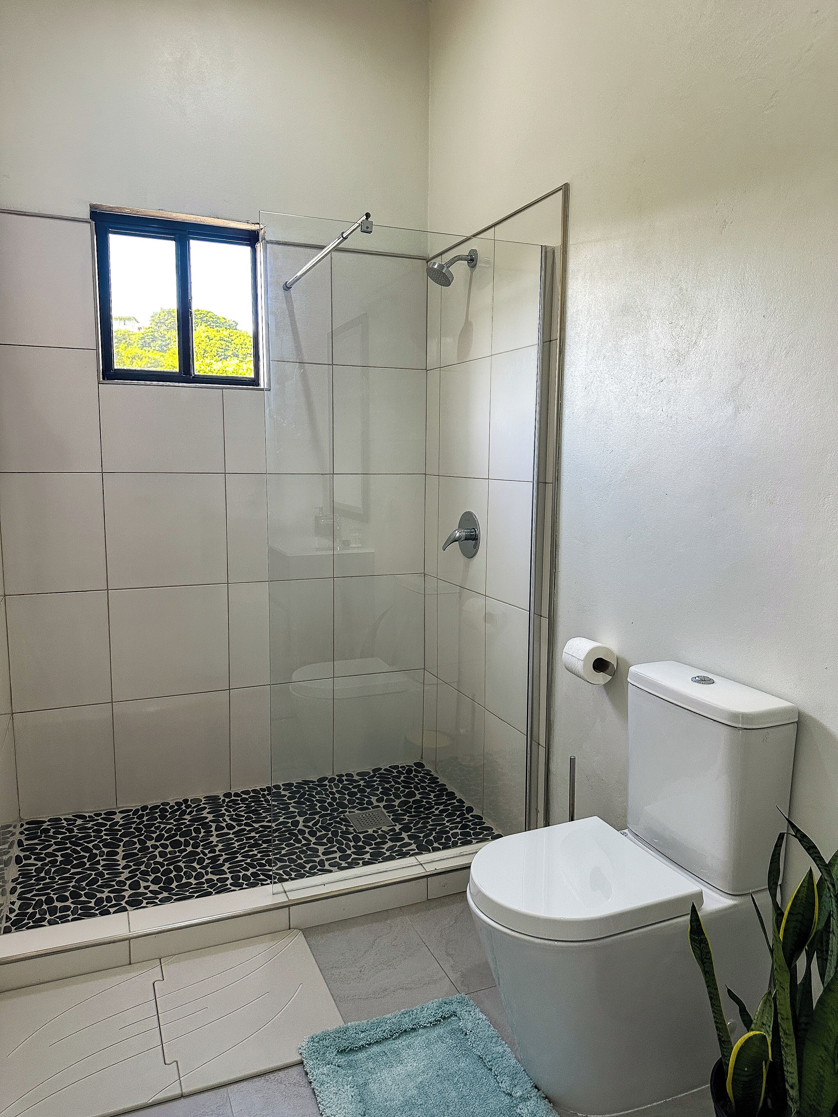 Chuveiro com porta de vidro, vaso sanitário e uma pequena janela.