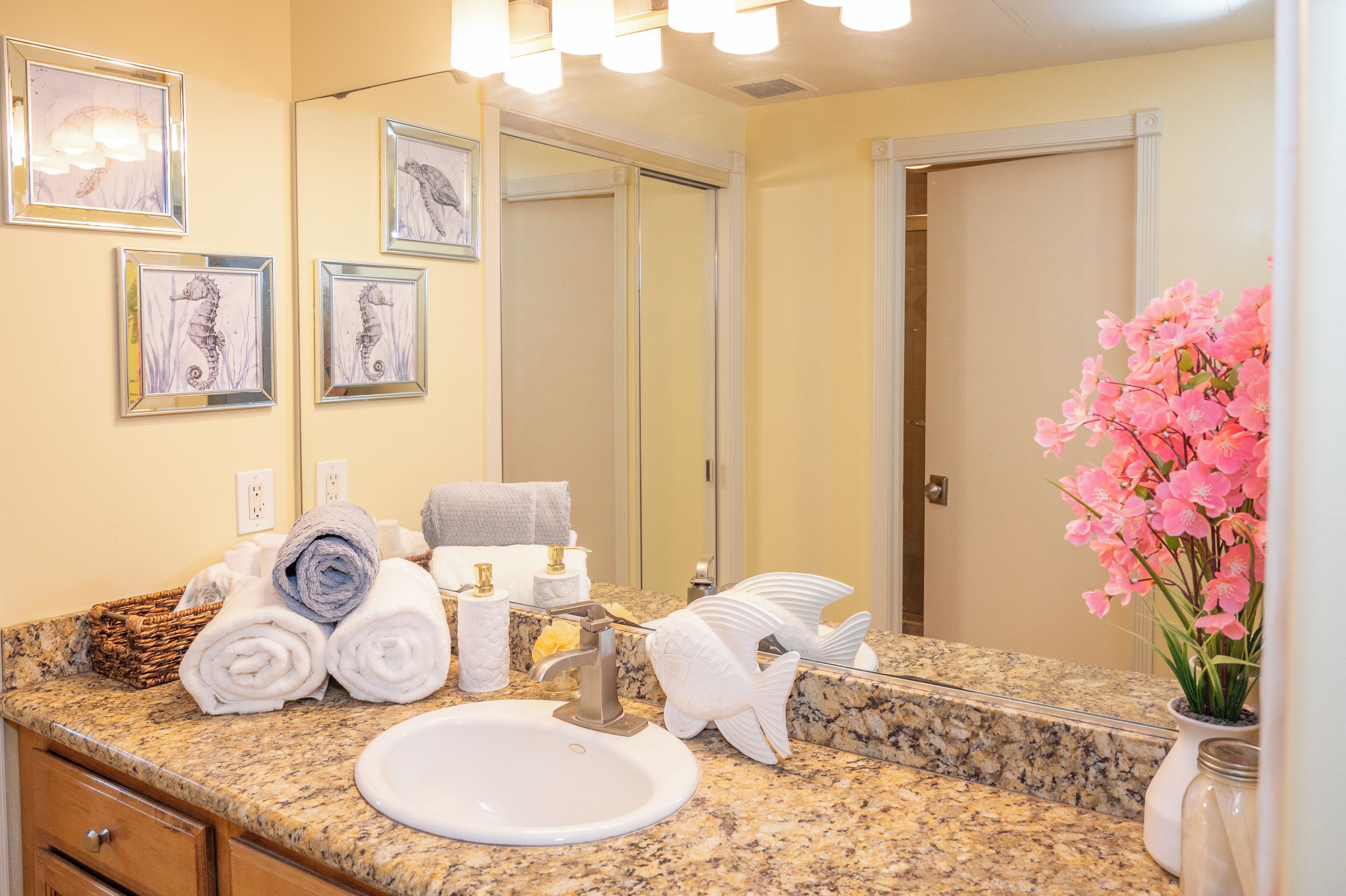 Hair dryer, towels, soap, shampoo