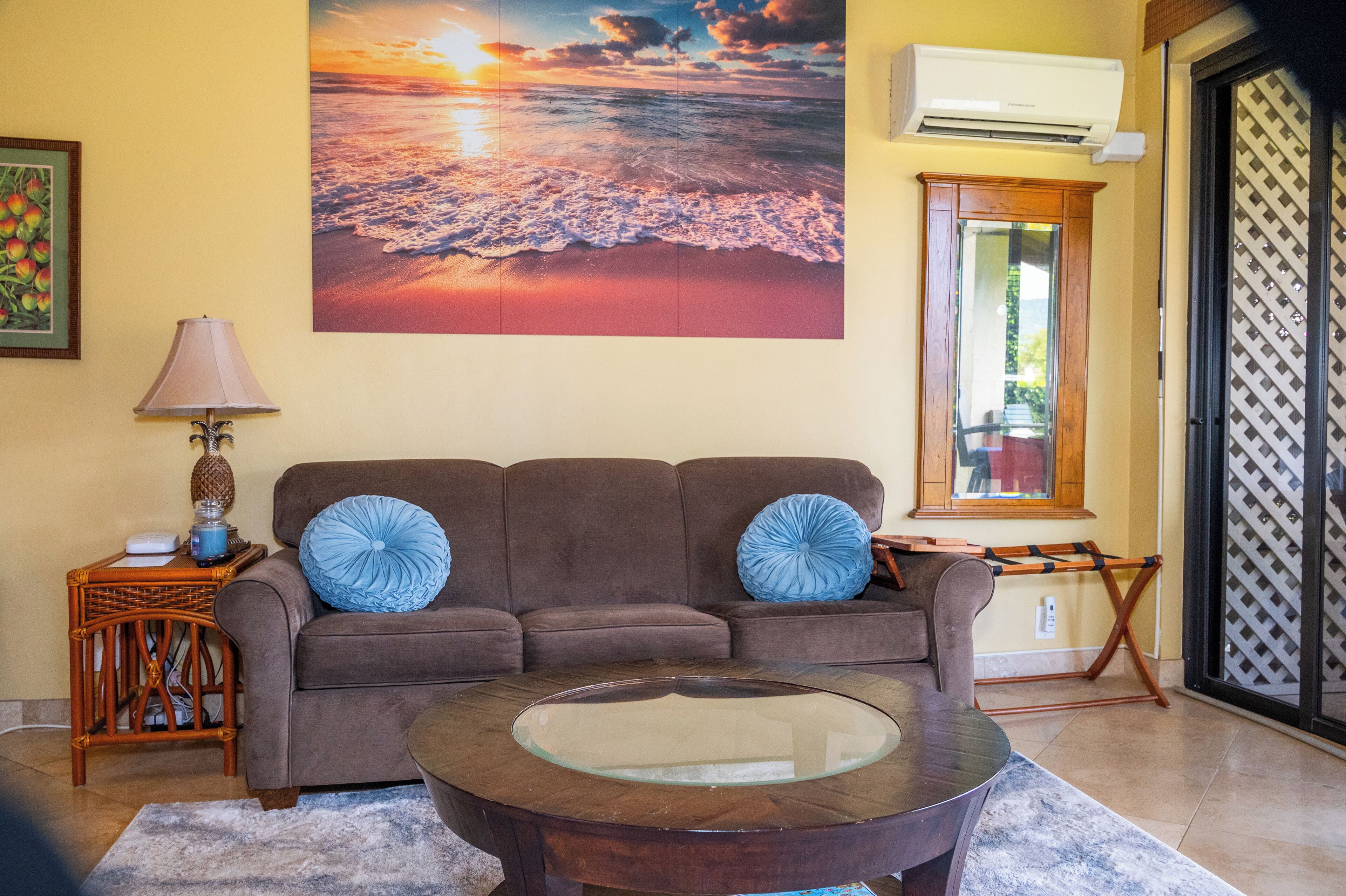 TV, fireplace, books, stereo