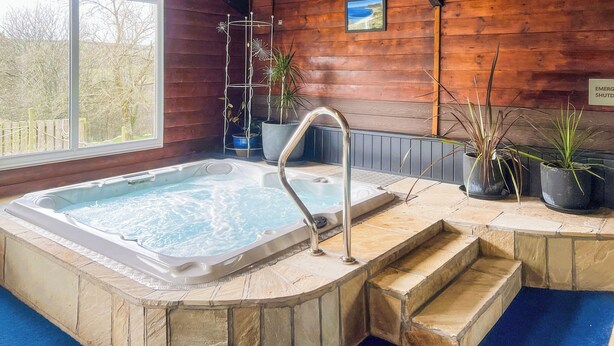 A hot tub with steps leading up to it, surrounded by potted plants and a wooden interior. - Linney Cottage - UK48986 (Looe)