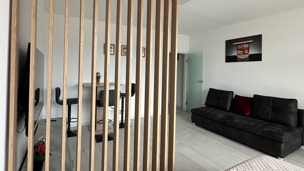 A modern living room with a black sofa, a wooden partition, and a quilted bedspread. - Comfort vacation apartment NeuBau Merzig (Merzig)