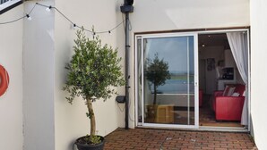 Ein Wohnhaus mit Topfpflanze, einem roten Sofa und einer Schiebetür zu einem Innenbereich.