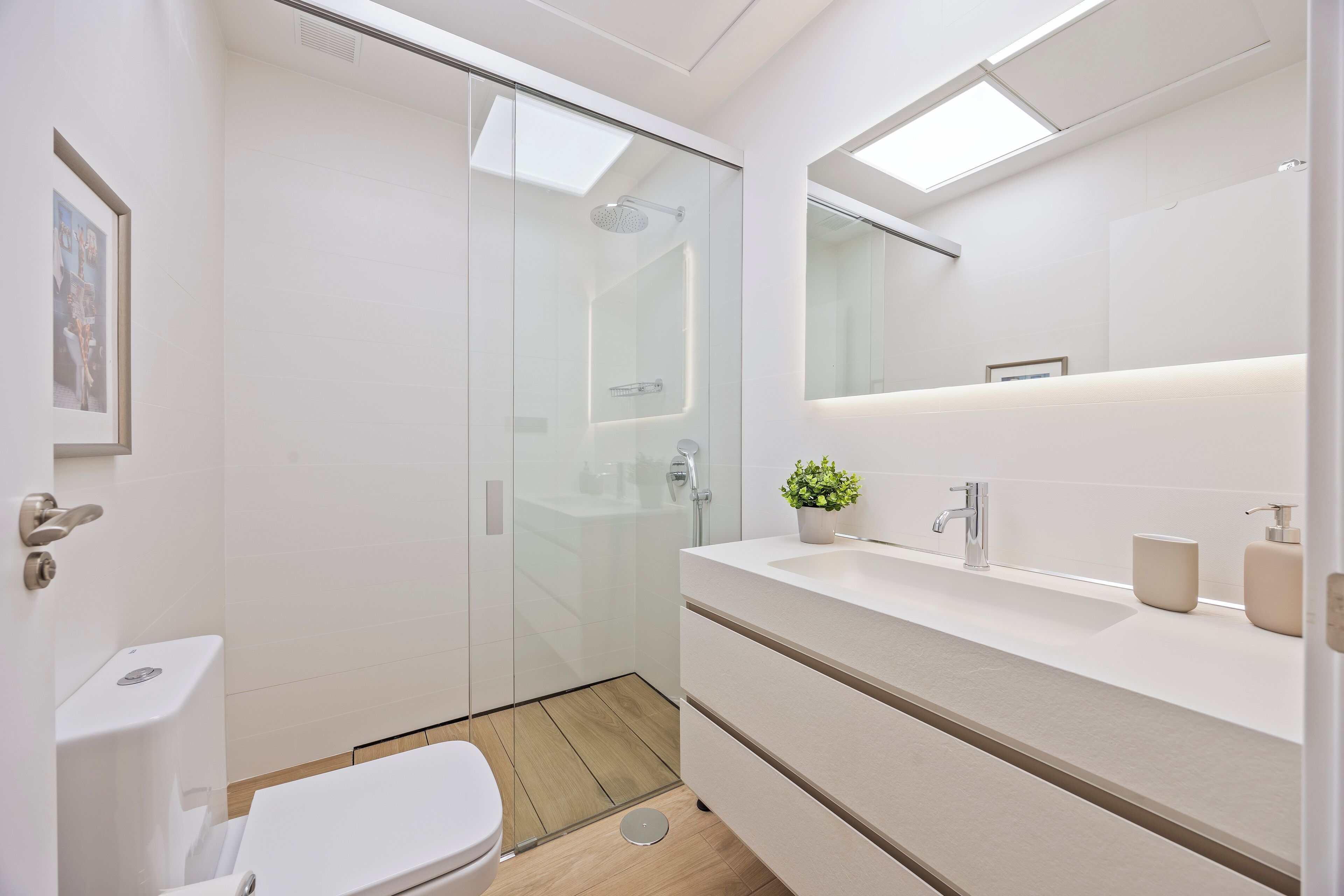 Een moderne badkamer met een glazen douchecabine, een wit toilet, een wastafel met spiegel erboven en een kleine potplant op het aanrecht.
