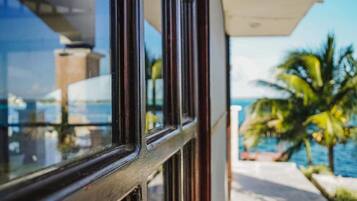 A view from a window of a building with a balcony overlooking a body of water and palm trees.