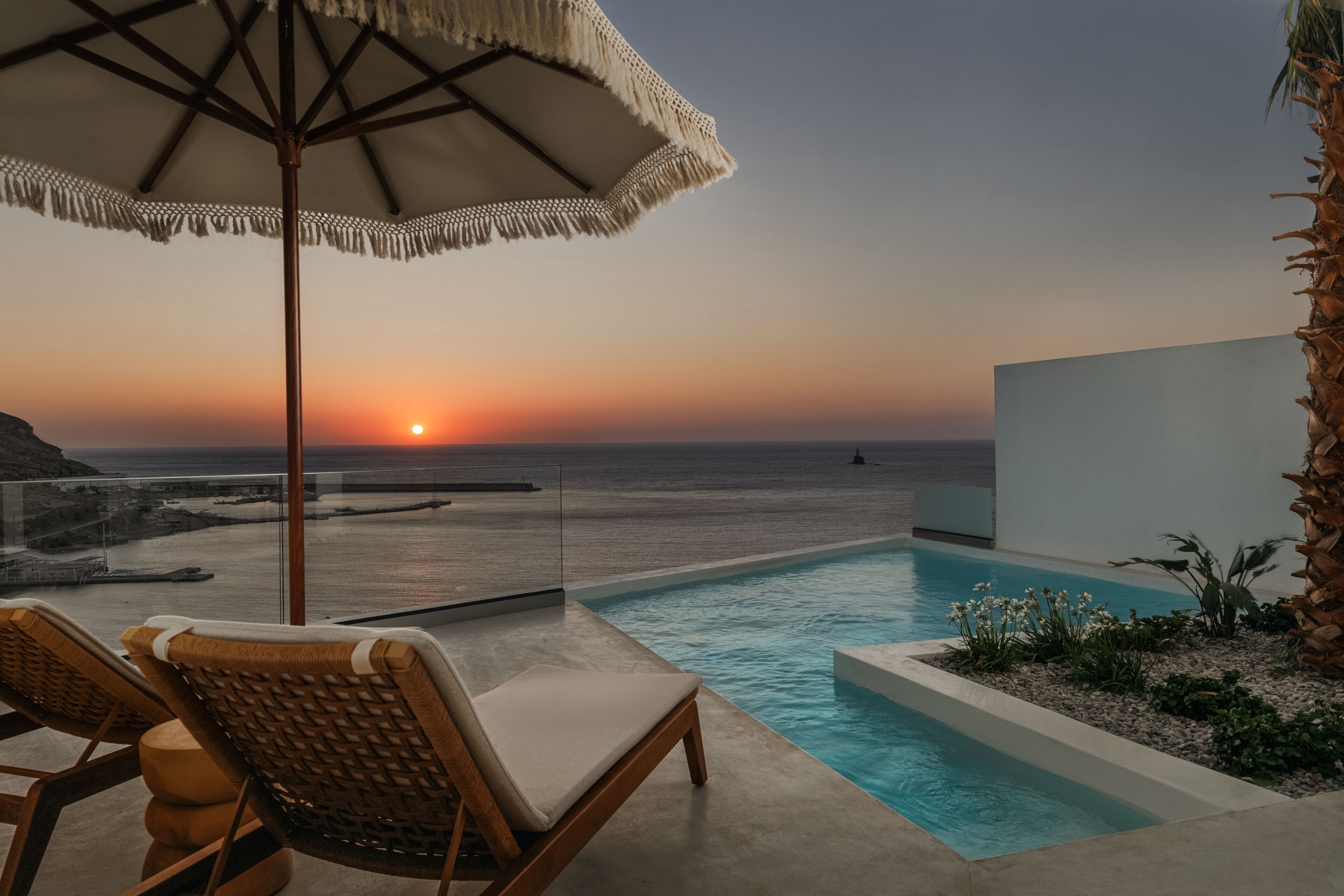 A poolside area with a view of the sunset over the sea, a palm tree, and a lounge chair.