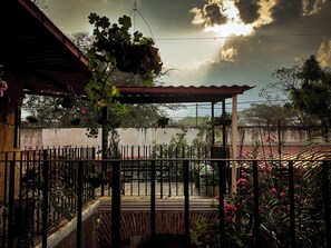 A covered outdoor area with a metal fence, potted plants, and a view of a building in the background. - Hotel Nolasco (Antigua Guatemala)