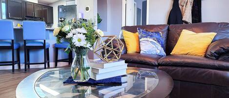 Smart TV, fireplace, books