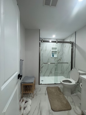 Shower, hair dryer, towels, soap