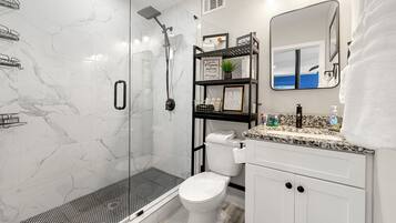 Shower, towels, toilet paper