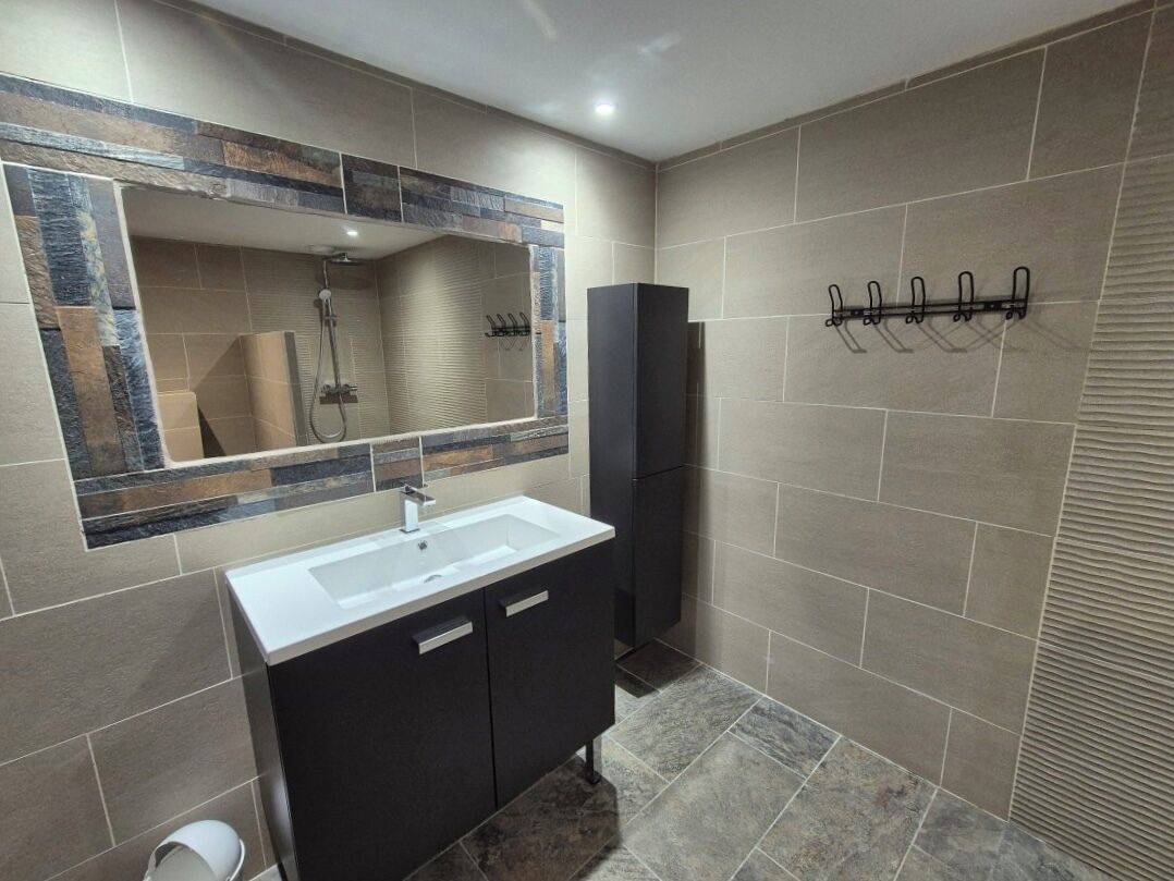 Une salle de bain moderne avec un grand miroir, un lavabo, des meubles sombres et un espace douche.