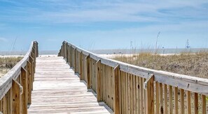 On the beach, sun-loungers, beach towels