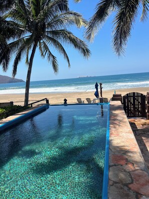 A clear pool with a stone border, a beach view, and palm trees.