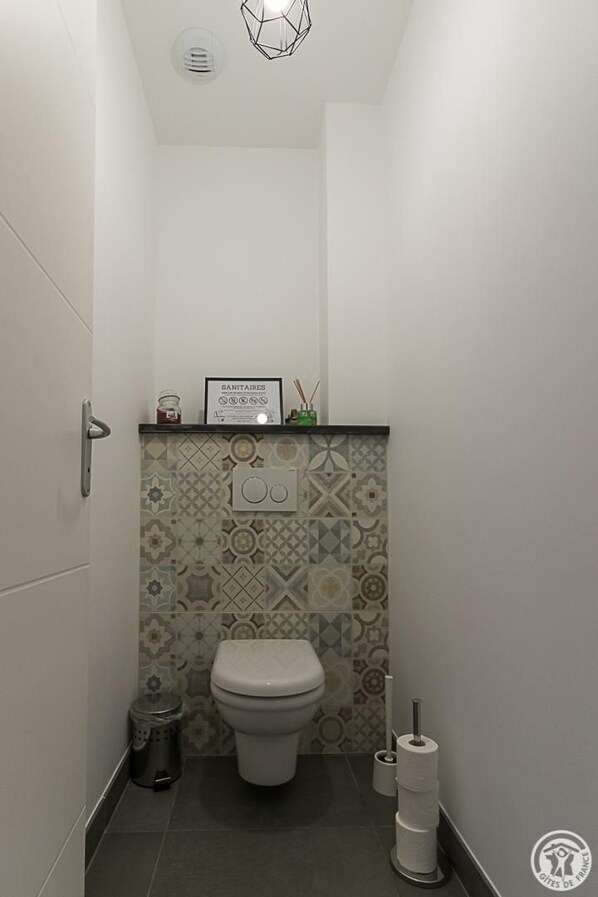 A small, narrow bathroom with a toilet, a trash bin, and a toilet paper holder.