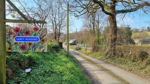 Une route de campagne avec un panneau indiquant la direction de Carey Meadows.