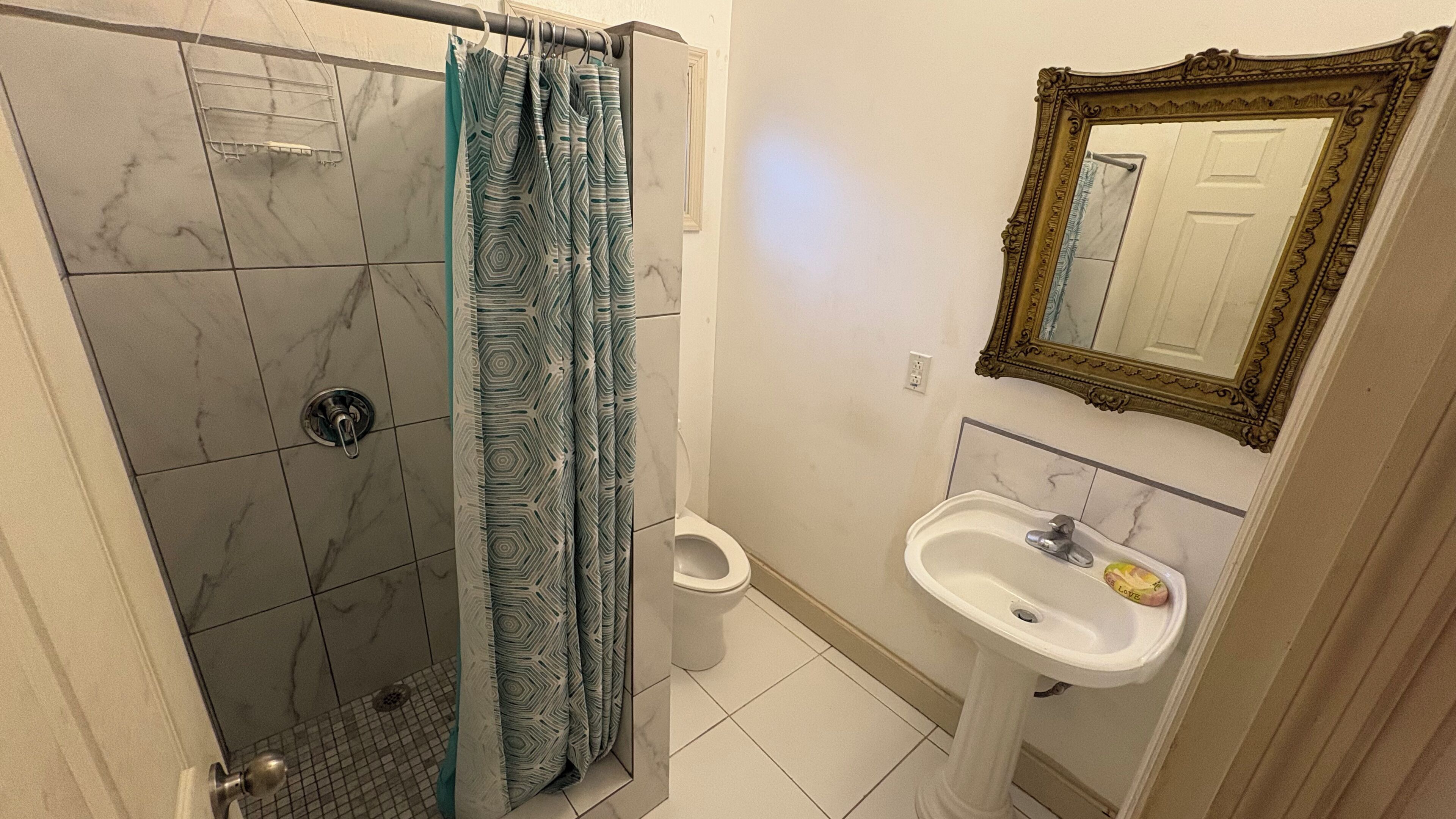 Shower, towels, toilet paper