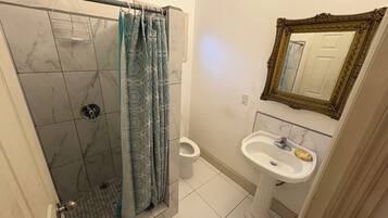 Shower, towels, toilet paper