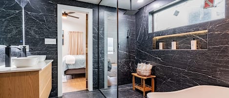 Shower, hair dryer, towels, soap