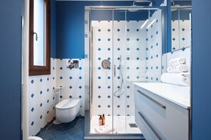 Shower, hair dryer, bidet, towels