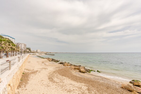 A beach with a rocky shoreline, a promenade with palm trees, and buildings in the background.