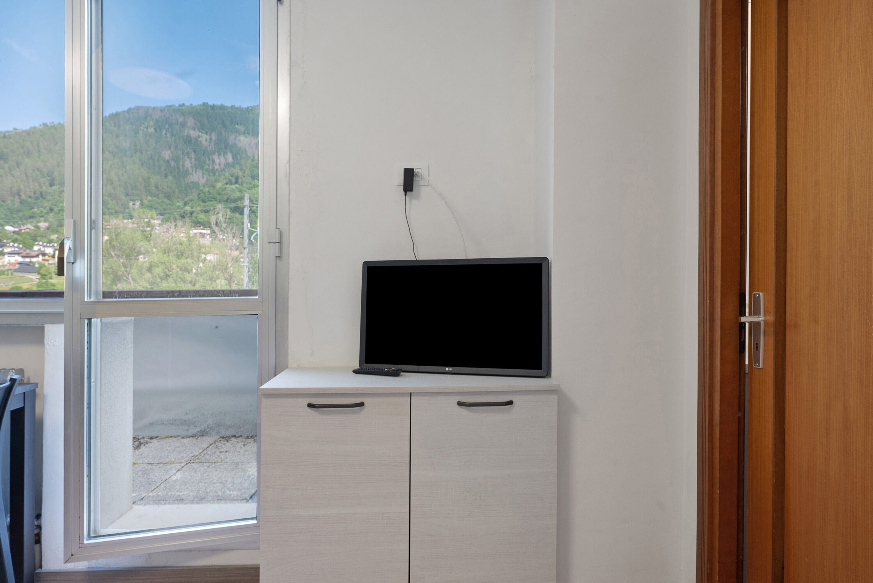 Een kamer met een televisie op een kast, een raam met uitzicht op een groen landschap en een houten deur.