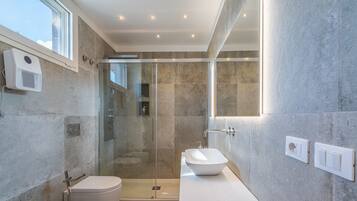 Shower, hair dryer, towels