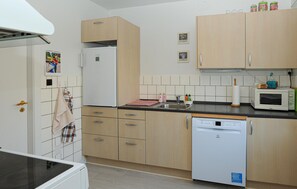Fridge, stovetop, dishwasher, coffee/tea maker