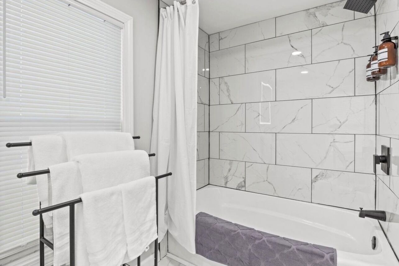 Hair dryer, towels, soap, shampoo
