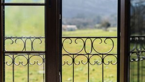 A view through a window with ornate metal bars, revealing a green landscape with a hill in the distance.