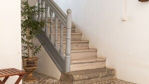 A staircase with a white balustrade and a potted plant beside it.