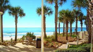 A patio area with outdoor seating, palm trees, and a view of the beach and ocean.