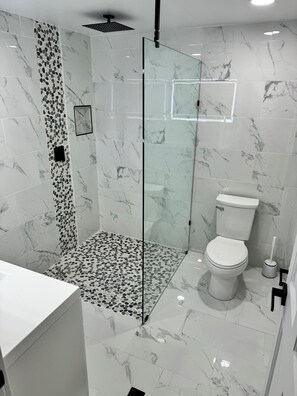 Shower, hair dryer, towels, soap