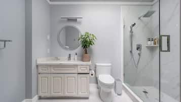 Hair dryer, towels, soap, toilet paper