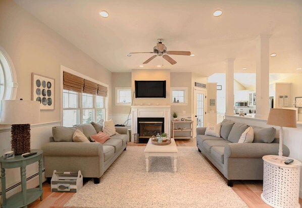 Télévision, cheminée, lecteur de DVD