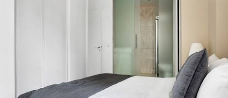 A modern hotel room with a bed, a wardrobe, and a shower area.