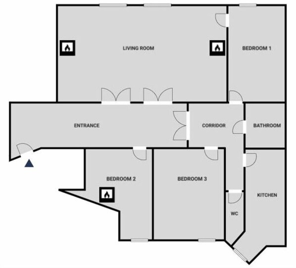 Planta baixa com sala de estar, dois quartos, cozinha, banheiro e entrada.