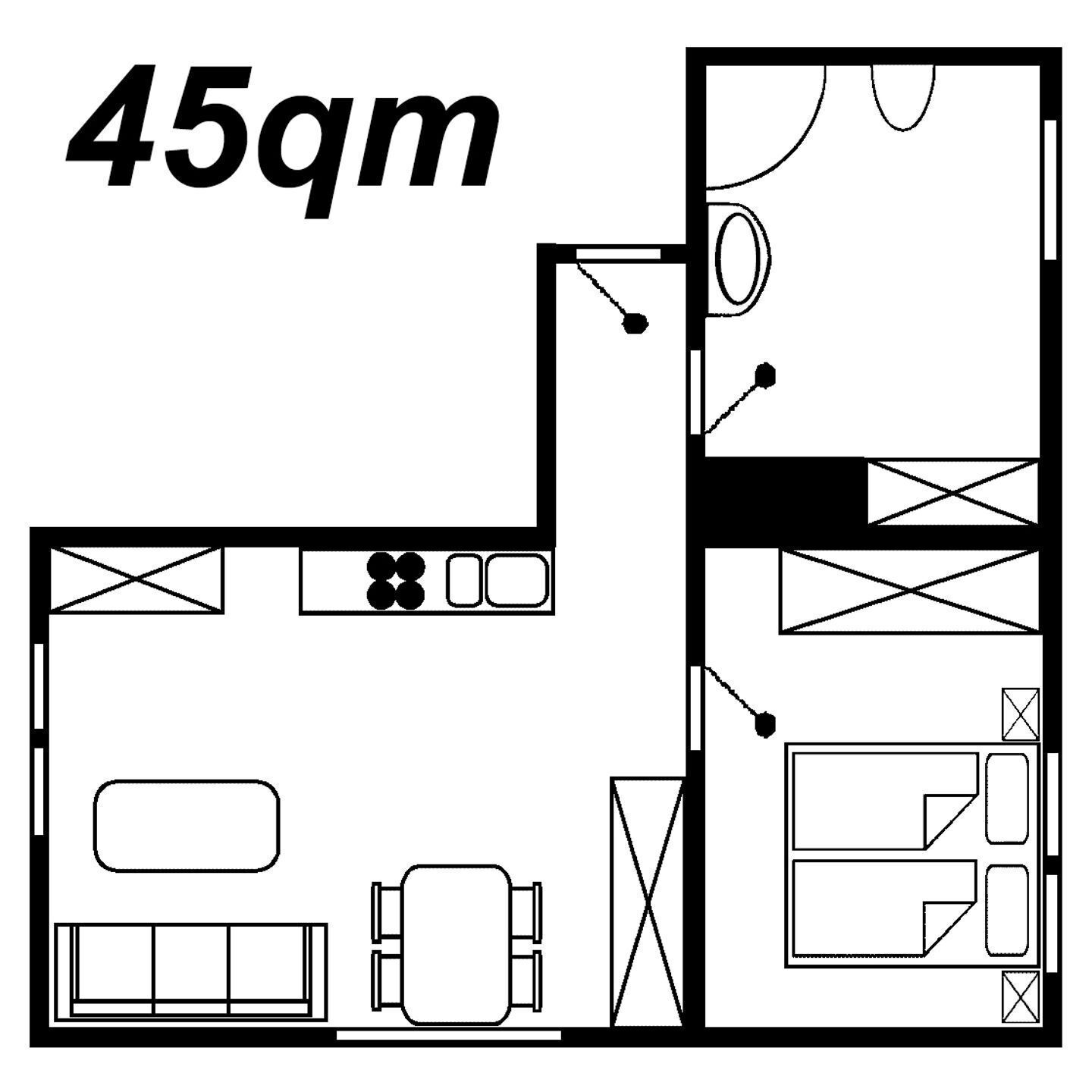 Indeling van een 45 vierkante meter appartement met keuken, eethoek en woonkamer.