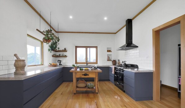 A modern kitchen with a central island, dark blue cabinets, a black stove, and a hanging plant. - Bonnie View Farm Strawbale house with spectacular view (Bona Vista)