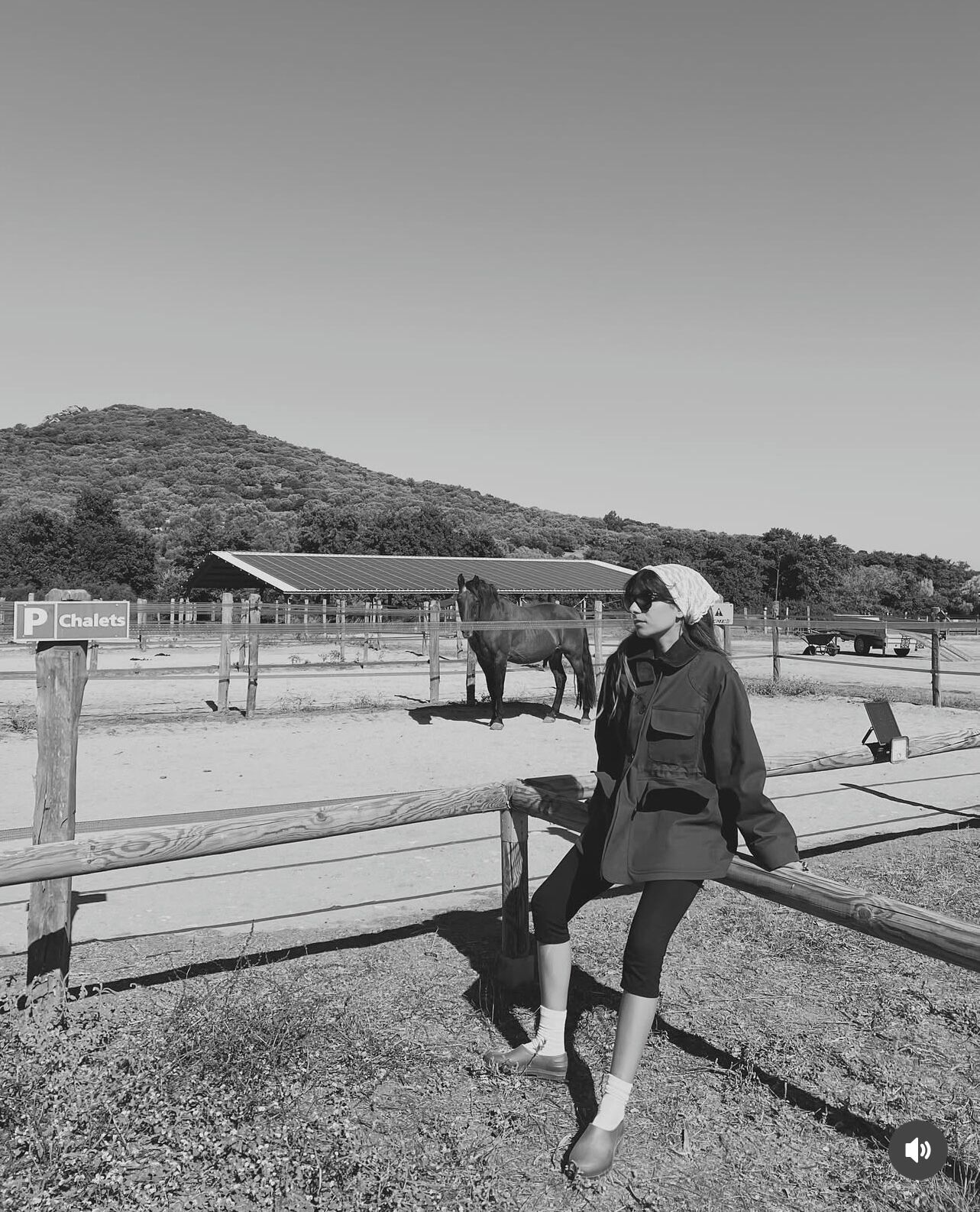 A person leaning on a wooden fence in a rural setting with horses and a covered structure in the background.