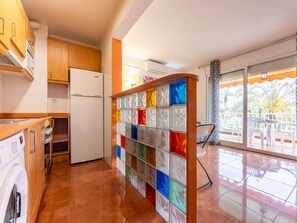 Fridge, microwave, oven, cookware/dishes/utensils