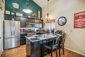 Fridge, microwave, dishwasher, coffee/tea maker