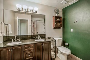 Hair dryer, towels, shampoo