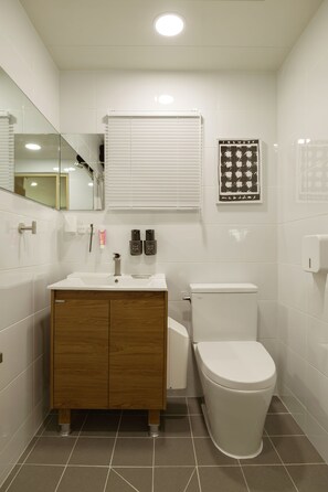 Haartrockner, Handtücher, Seife, Toilettenpapier